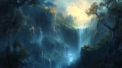 Obraz premium Enchanted Waterfall Valley: A Mystical Digital Painting