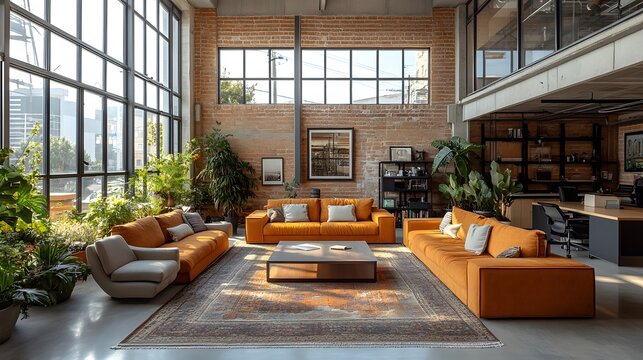 3D modern coworking space with an open layout, collaborative seating, and sleek professional aesthetics