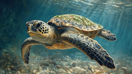 Obraz premium A graceful sea turtle glides through ocean waves, its light brown shell adorned with striking black and white patterns, head turned to the right in serene motion