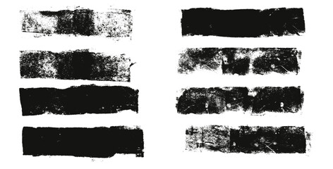 Straight thick grunge underlines. Linocut rolled brush stroke set. Handmade ink rectangle rough stamps. Vector black paint lines shapes. Dry marker or brayer smear textures Modern wide figures