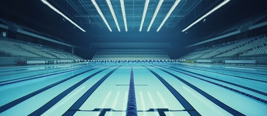 Indoor olympic swimming pool reflecting stadium lights anticipation