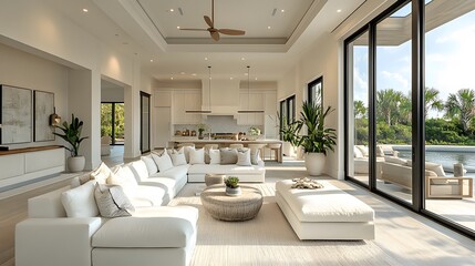 Fototapeta premium 3D open-plan coastal home with panoramic ocean views, neutral-toned decor, and seamless indoor-outdoor living