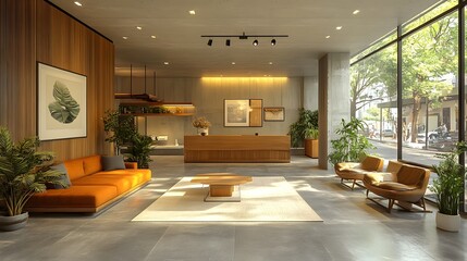 3D rendering of a modern living room featuring matte-finish wood furniture, polished concrete floors, and soft neutral lighting