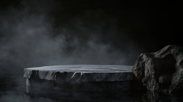A stone podium with smoke on a dark background