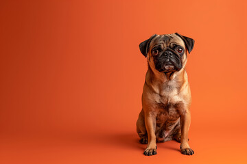 Obraz premium Pug dog on minimalistic colorful background with Copy Space. Perfect for banners, veterinary ads, pet food promotions, and minimalist designs.