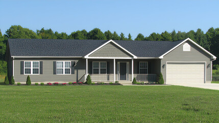 Grey Ranch Style House with Green Lawn