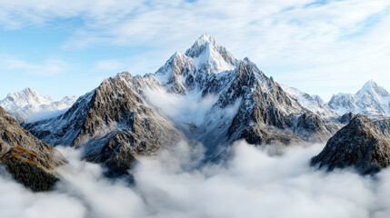 Majestic mountain range with mist and snow capped peaks under blue sky
