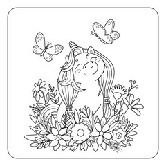 Cute unicorn pony looks up at butterflies. Childish coloring book with animals, flowers, plants. Simple vector sketch illustration.