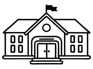 Black and White School Building Icon with Flag for Education Themes