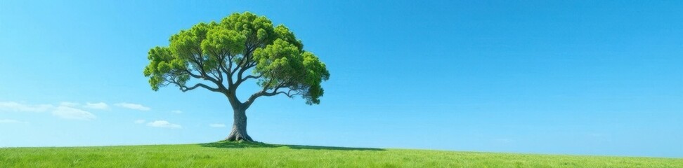 Fototapeta premium A solitary tree with gnarled trunk against a bright blue sky, atmospheric, isolation