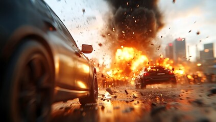 High-speed car chase through city streets amidst a massive explosion