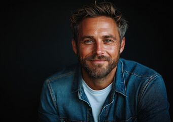 Fototapeta premium Smiling Man in Denim Shirt – Cinematic-Style Portrait Photography with Black Background, High-Quality Studio Shot, Professional Lighting, Perfect for Branding and Marketing Use