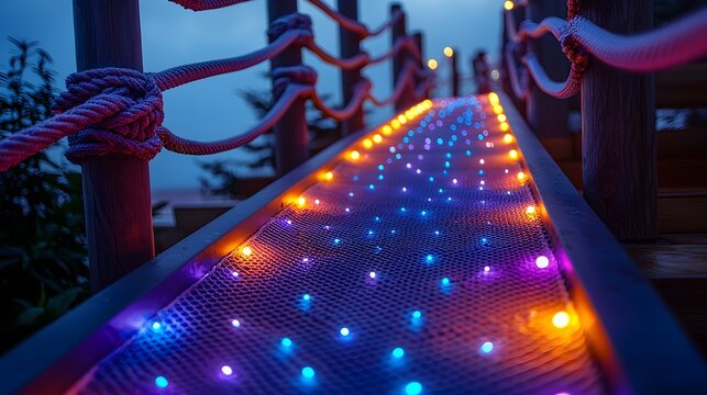 Energetic Children Navigating a Vibrant Obstacle Course with Glowing Slides and Climbing Nets