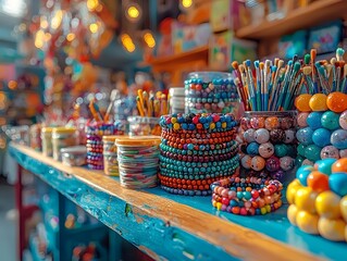 Vibrant Craft Booth at Playful Children s Day Fair with Colorful Art Supplies and Friendly Helpers