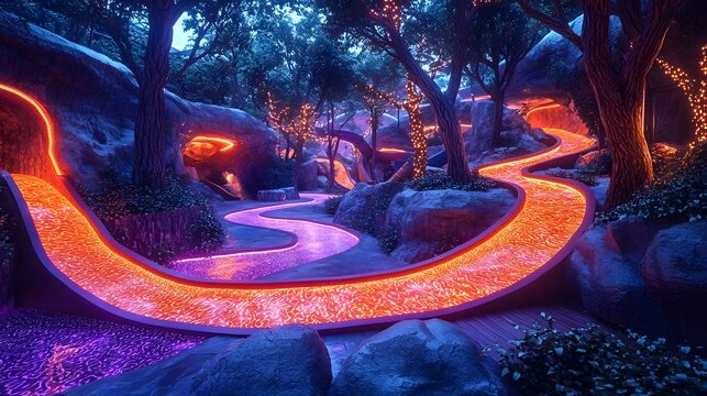 Energetic Children Navigating a Vibrant Obstacle Course with Glowing Slides and Climbing Nets