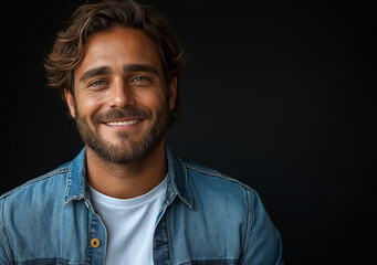 Obraz premium Smiling Man in Denim Shirt – Cinematic-Style Portrait Photography with Black Background, High-Quality Studio Shot, Professional Lighting, Perfect for Branding and Marketing Use