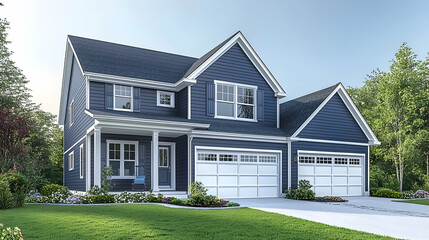 Modern Two Story Gray House with White Trim and Green Lawn