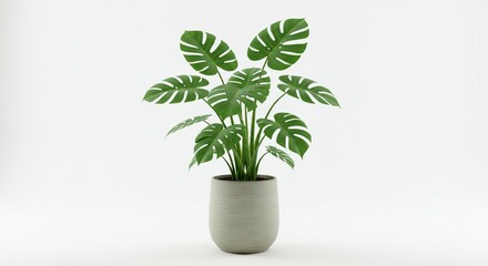 Fototapeta premium Lush Green Monstera Deliciosa Plant in Grey Pot Indoor Plant Home Decor