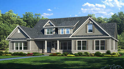 Obraz premium Grey Two Story House with Landscaping and Trees