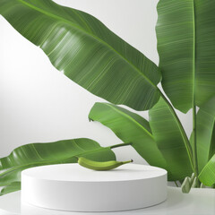 A white podium with large banana leaves