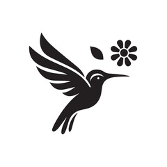 Fototapeta premium Abstract black and white bird illustration with a silhouette of a hummingbird, crow, and sparrow in flight, featuring wings, beak, and feathers in a simple, cute, and artistic design