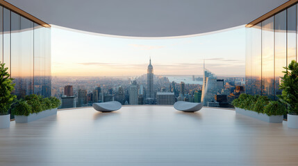 Fototapeta premium modern interior with stunning city view, featuring sleek furniture and greenery