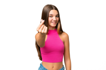 Teenager caucasian girl over isolated background making money gesture