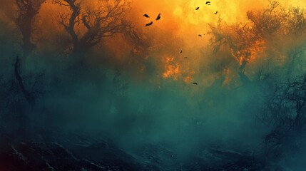 Obraz premium Eerie Halloween Night in a Misty Forest: Spooky Bats and Orange Glow