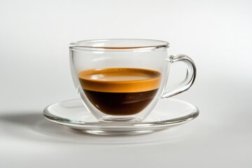 Naklejka premium Elegant glass coffee cup with dark espresso shot and creamy layer on a white background