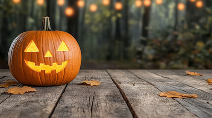 Fototapeta premium glowing pumpkin on wooden table, surrounded by autumn leaves, evokes Halloween spirit