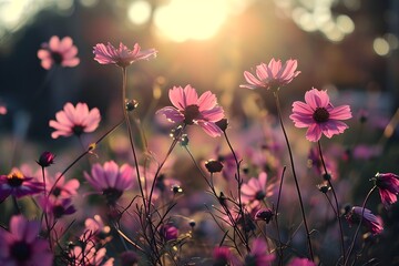 Fototapeta premium Blooming Cosmos: Captivating view of delicate cosmos flowers, bathed in the warm glow of the setting sun, evokes feelings of serenity and appreciation for natural beauty.