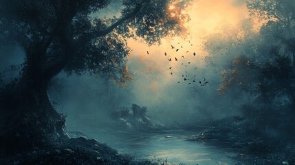 Naklejka premium Mystical Dawn: A Serene Forest River