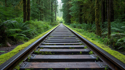 Fototapeta premium long forgotten railway track surrounded by lush green forest and moss