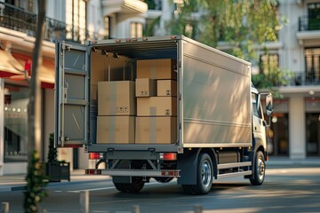 High Quality Image of Cargo Delivery Truck with Cardboard Boxes