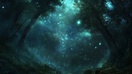 Fototapeta premium Enchanted Forest: A Night of Glowing Fireflies and Mystical Trees