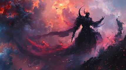 Fototapeta premium Dark Lord Ascends: A fiery, apocalyptic digital painting of a horned, imposing figure dominating a crimson, smoke-filled landscape.