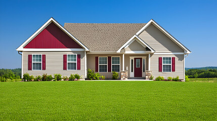 Beige Ranch Style House with Burgundy Trim on Green Grass Field