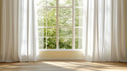 Bright window with sheer curtains and greenery outside, creating serene atmosphere