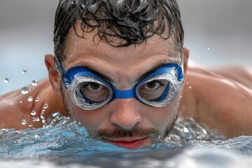 Naklejka premium Swimming - A swimmer captured mid-stroke in crystal-clear water, emphasizing technique and movement.