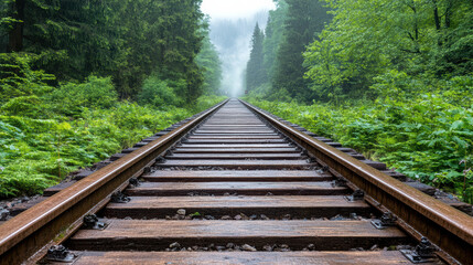 Fototapeta premium mysterious railway track disappearing into fog, surrounded by lush greenery