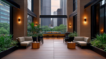 Fototapeta premium Modern outdoor lounge area with seating and city skyline view