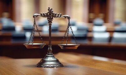 blurred background of an empty courtroom with the scales of justice in focus, symbolizing the complex and grave nature of the law