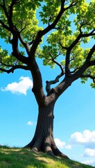 Tree with gnarled branches against a clear blue sky, tree trunk, trees