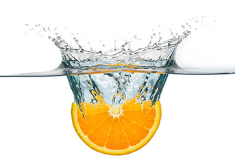 Vibrant Orange Slice Splashes into Clear Water with Dynamic Bubbles and Ripples Creating a Refreshing Scene