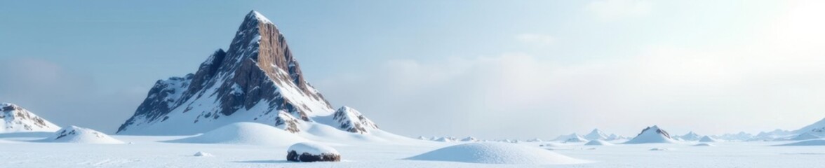 A solitary rock formation rises from the snow-covered terrain, frozen ground, isolated landmark