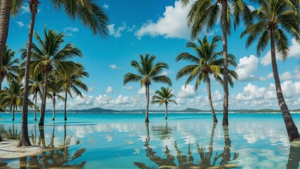 A beautiful tropical beach with palm trees and a blue ocean