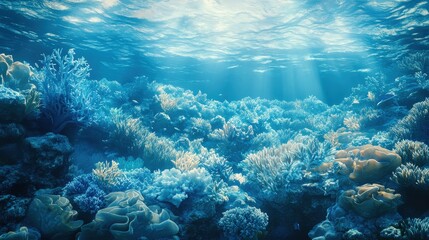 Obraz premium Vibrant blue-green corals form an intricate underwater tapestry. Diverse species swirl in harmony within the sunlit depths, creating a mesmerizing oceanic mosaic