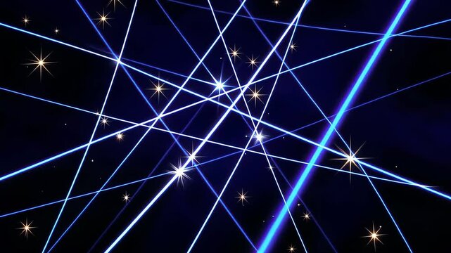 Abstract Light and Starry Night: Dynamic network of interconnected beams of light, interspersed with radiant stars, dances across a deep blue canvas.