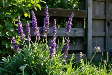 Lavender and greenery intertwined on a wooden trellis, wood, nature, country
