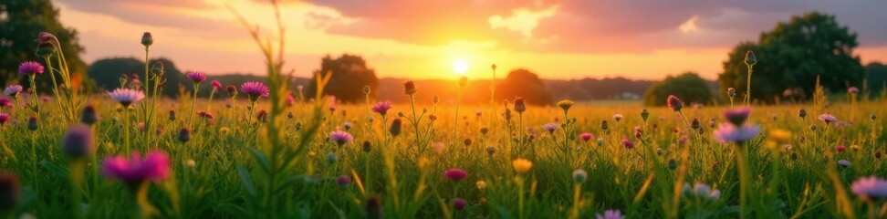 Obraz premium Phacelia flowers scattered across a lush green meadow under a warm sunset sky, garden scene, nature, field
